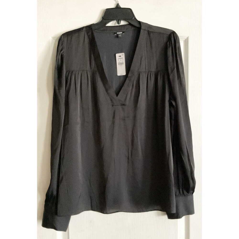 Express Women's Satin V-Neck Cuff Sleeve Top Size L, Black NWT